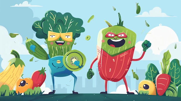 Photo cartoon broccoli and cucumber superheroes