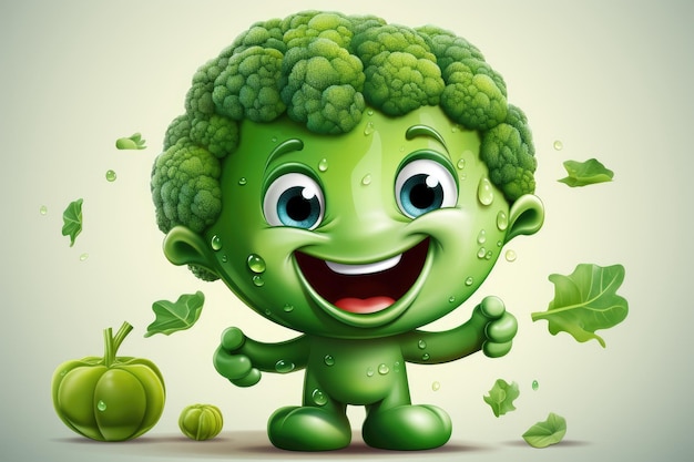 Cartoon broccoli with happy faces on a white background Generative AI