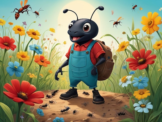 a cartoon of a bug with a backpack and bees on it