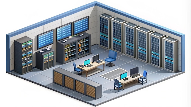 a cartoon of a building with a computer and a computer monitor