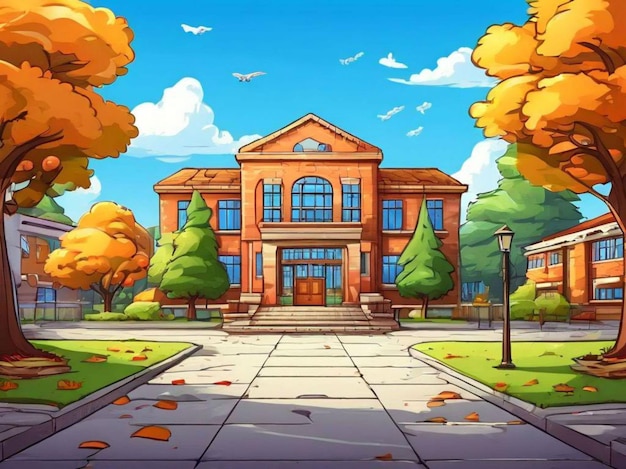 a cartoon of a building with a tree in the background