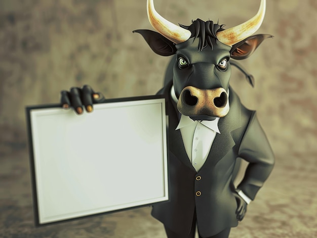 Photo a cartoon bull in a suit holding a blank sign in an elegant setting