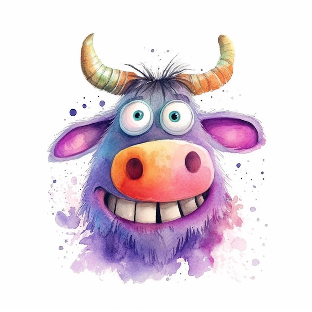 A cartoon bull with a purple nose and a big horn.