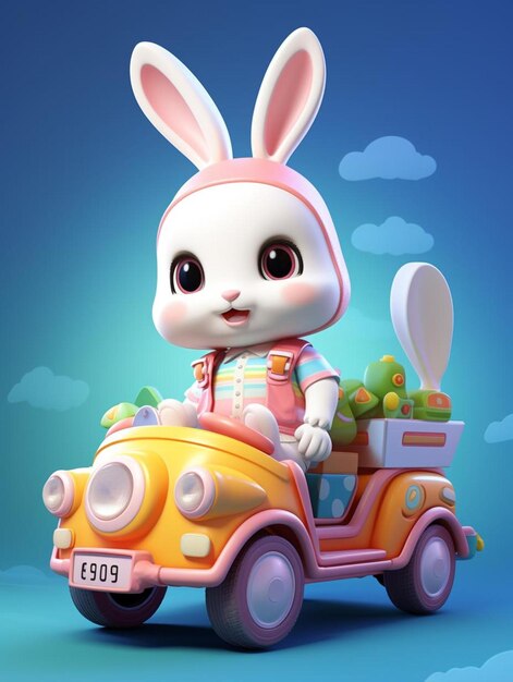 Photo a cartoon bunny driving a car with a basket of easter eggs