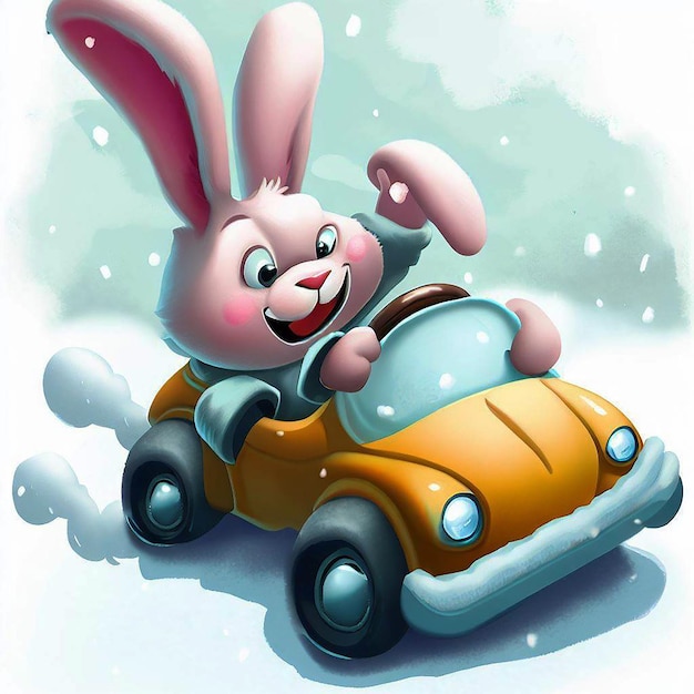 Cartoon bunny driving a toy car in the snow generative ai