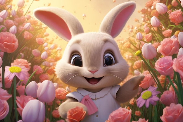 a cartoon bunny in a field of flowers