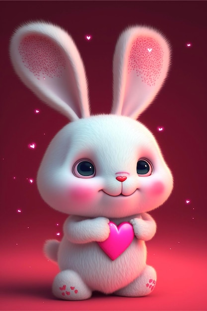 Cartoon bunny holding a heart on a red background generative ai