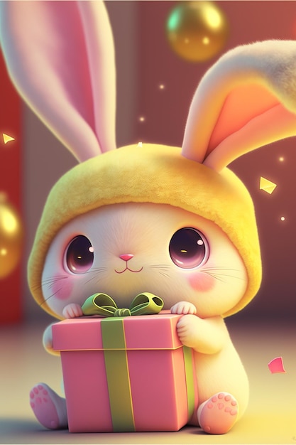 Cartoon bunny is holding a gift box generative ai