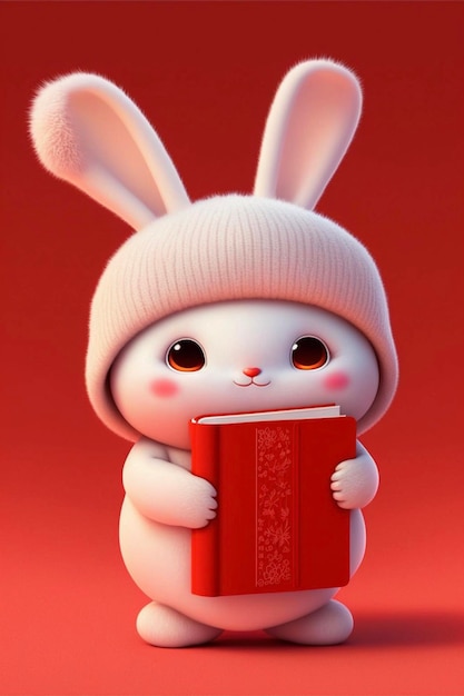 Cartoon bunny reading a book on a red background generative ai