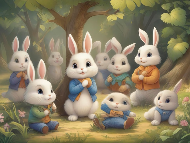 a cartoon of a bunny with a book in his lap is surrounded by other rabbits