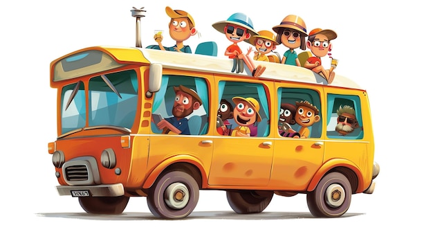 A cartoon bus full of people