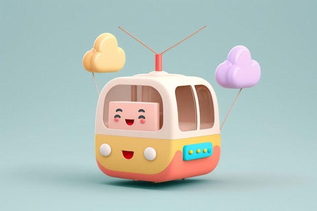 A cartoon bus with a face that says " happy " on it.