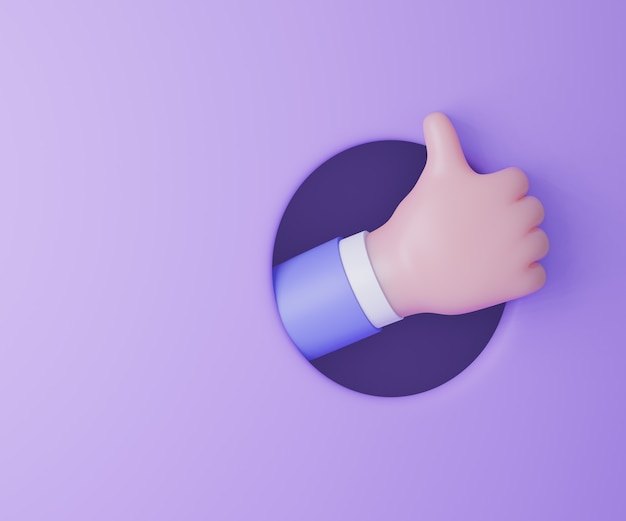 Cartoon business man hand thumb up from circle hold purple background. 3d render illustration