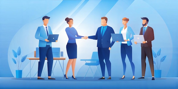 Photo cartoon business team shaking hands in a modern office