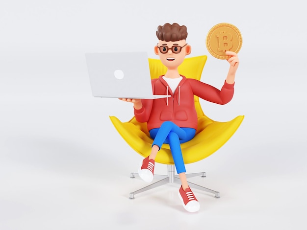 Cartoon businessman character is sitting in a chair with a laptop and hand holding a bitcoin coin 3d illustration