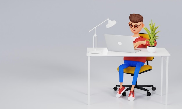 Cartoon businessman freelancer works at a table in a modern office on a laptop Workplace concept 3d illustration