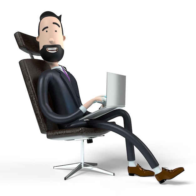 Cartoon businessman sitting in office chair and working on a laptop