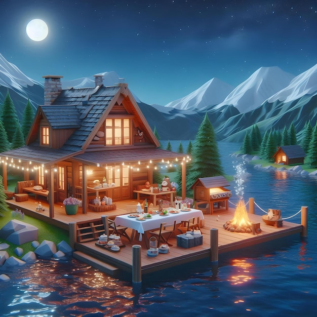 Photo cartoon cabin 3d animated dining and starry night experience