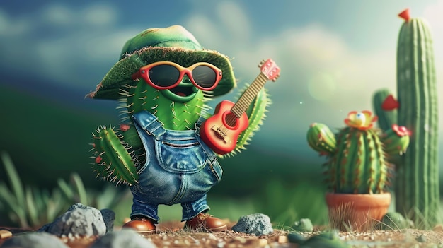 A cartoon cactus wearing a straw hat and sunglasses holding a guitar