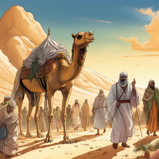 cartoon of a camel being herded by several people in typical Middle Eastern robes