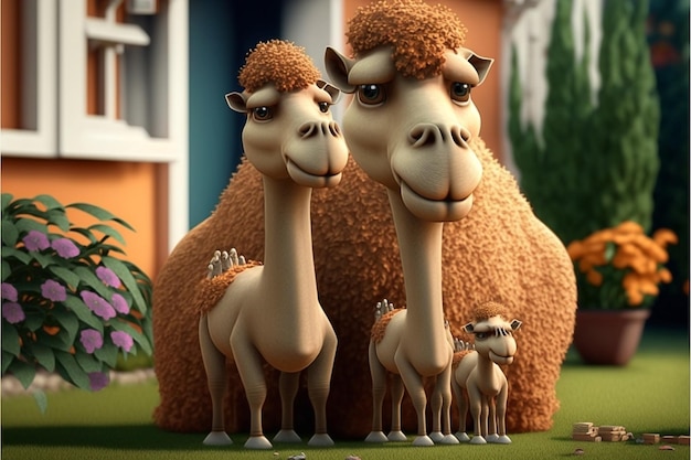 A cartoon of a camel and two other camels