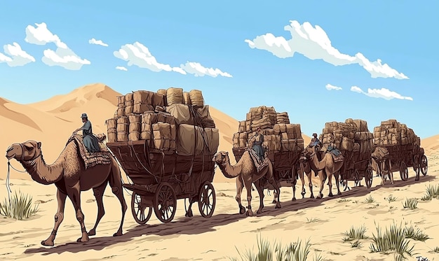 a cartoon of camels with a man on the back and a camel pulling a cart with camels