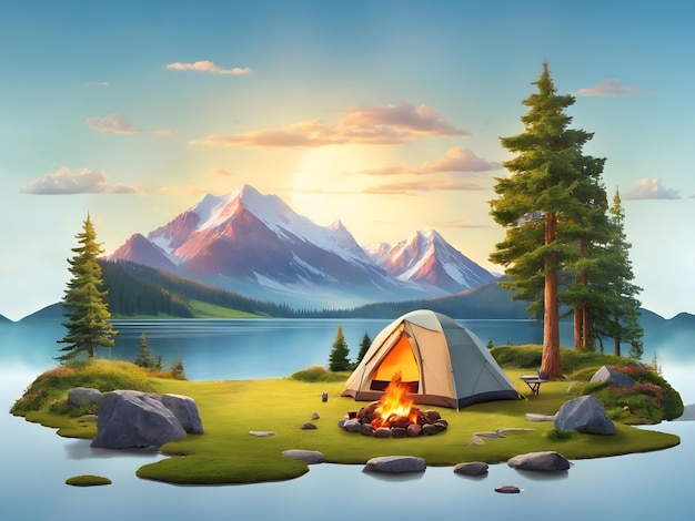 Cartoon camping Summer nature scene with trailer tent and bonfire Scenic forest panorama