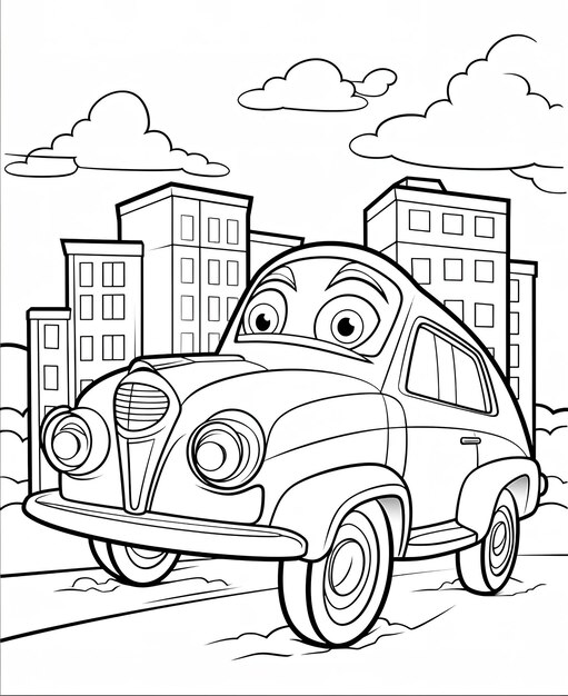 A cartoon car is driving on the road in front of a cityscape.