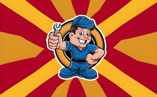 Photo cartoon car mechanic mascot with spanner giving thumbs up