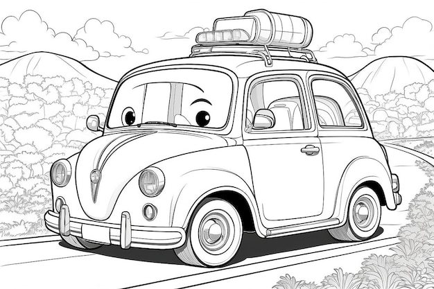 Photo cartoon car on the road for coloring book