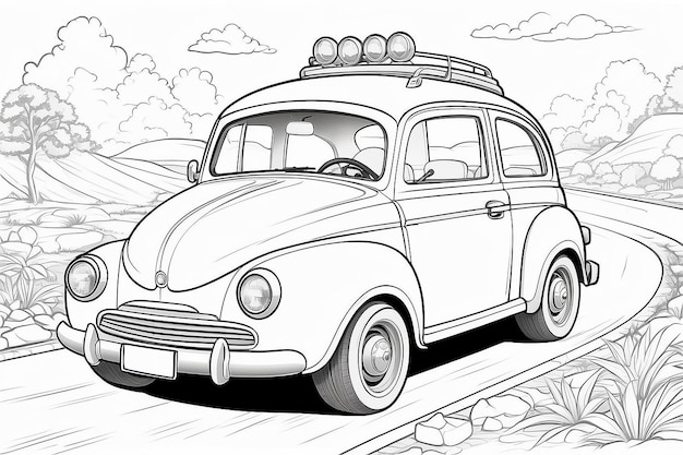 Photo cartoon car on the road for coloring book