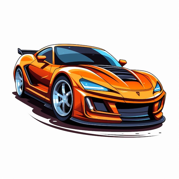 Cartoon car with orange paint and chrome wheels on a white background generative ai