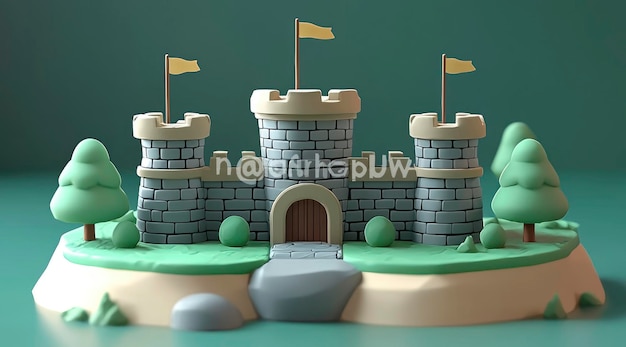 Photo cartoon castle on an island with green trees