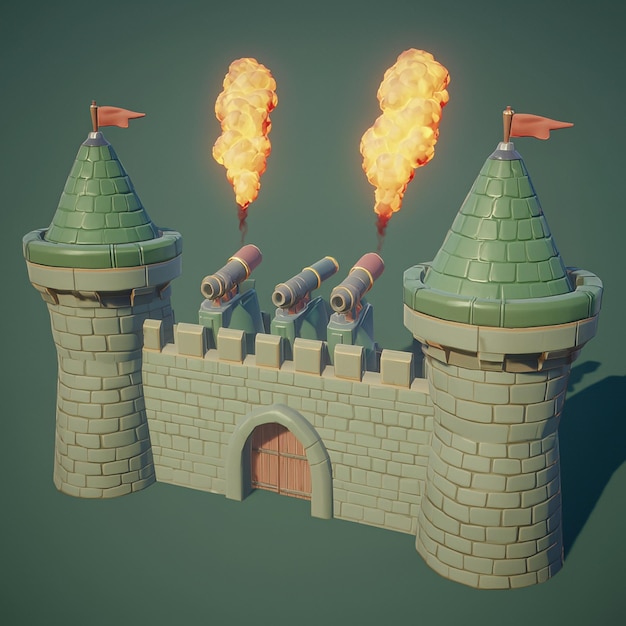 Photo cartoon castle with cannons and smoke