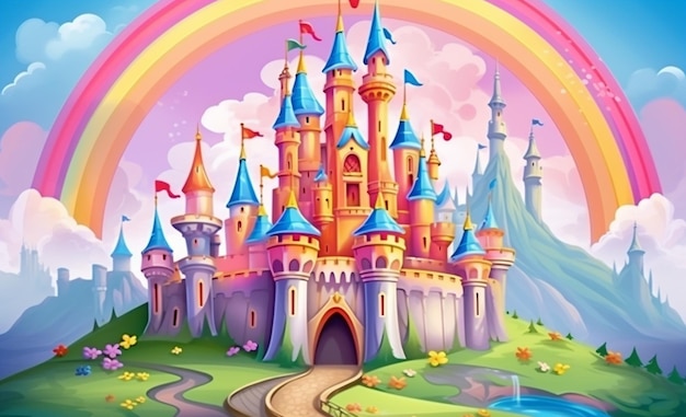 Cartoon castle with rainbow and rainbow in the sky generative ai