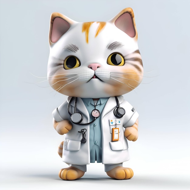 Cartoon cat doctor with stethoscope on his neck 3D Illustration