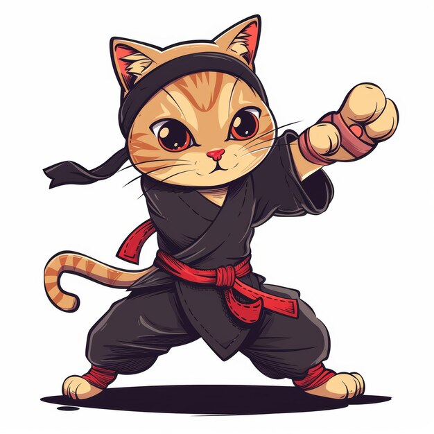 Photo a cartoon cat dressed in a black karate uniform with a red belt and headband is in a fighting pose with one hand extended forward in a fist