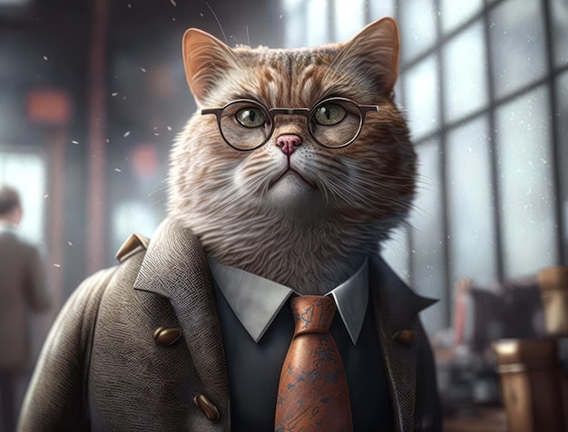 Cartoon cat dressed in a business suit and wearing glasses Generative AI technology