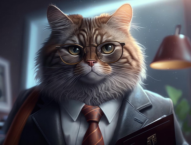 Cartoon cat dressed in a business suit and wearing glasses Generative AI technology