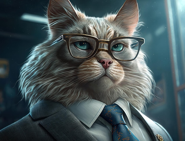 Cartoon cat dressed in a business suit and wearing glasses Generative AI technology