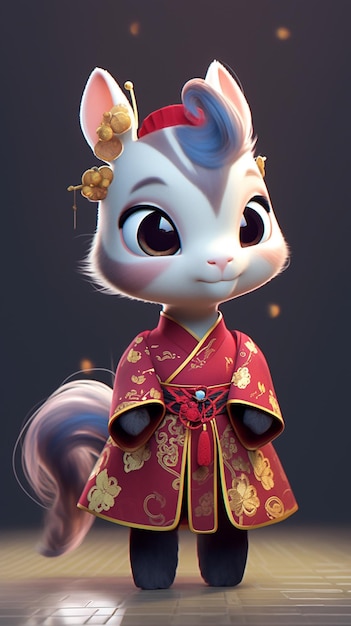 Cartoon cat dressed in a chinese costume standing on a floor generative ai