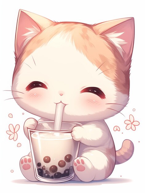 Photo a cartoon cat drinking a glass of milk with a pink nose and a pink nose