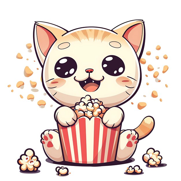 Photo cartoon cat eating popcorn and sitting on the ground