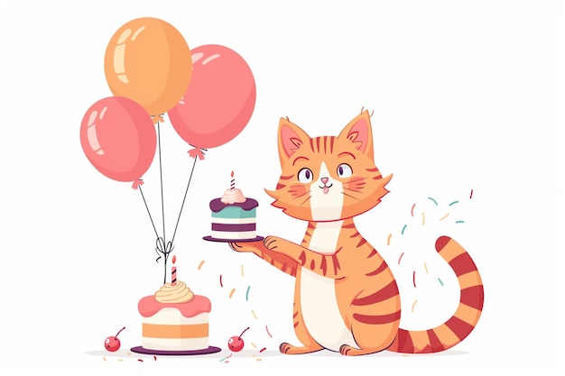 cartoon cat holding a cake with balloons and confetti generative ai