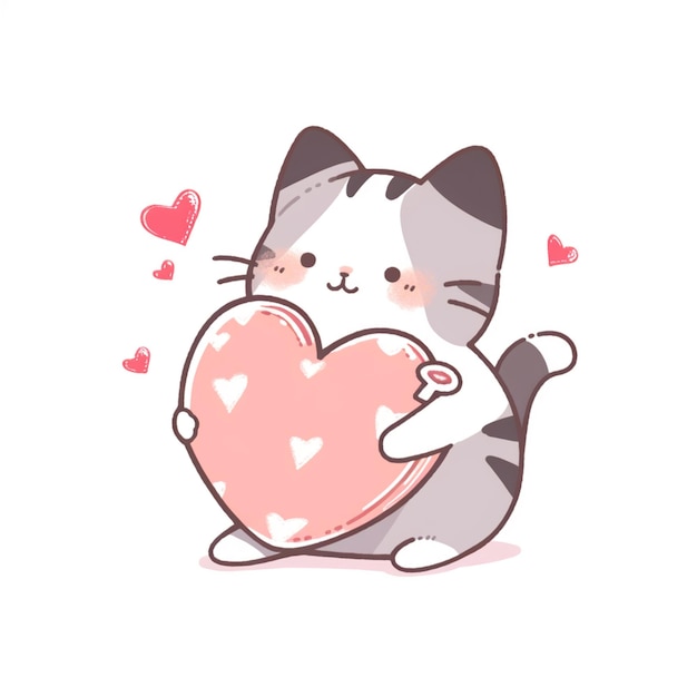 A cartoon cat holding a heart with the word love on it.