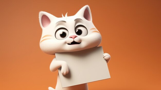 A cartoon cat holding a white sign that says'cat'on it