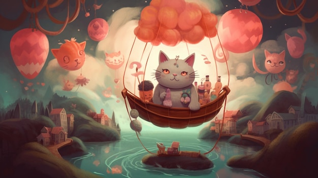 A cartoon cat in a hot air balloon with a cat on it.