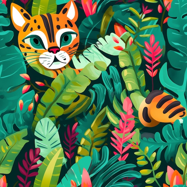 A cartoon cat is on a background of tropical leaves and a bee.