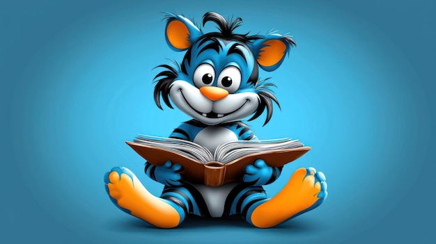 Photo a cartoon cat is reading a book with a blue background