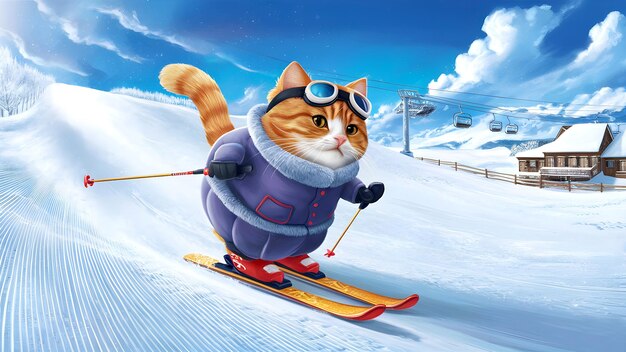 a cartoon cat is skiing on the snow with a ski pole